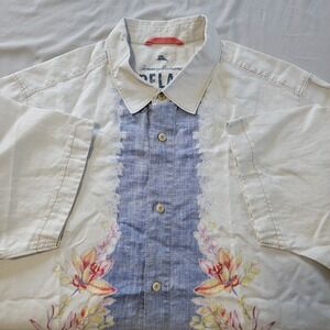 Tommy Bahama Relax Shirt Mens XL Ivory Linen Camp Short Sleeve Floral Resortwear